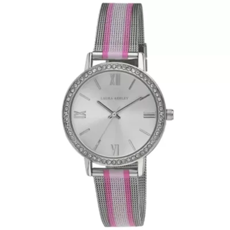 Bezel Pink Striped Rugby Mesh Strap Watch