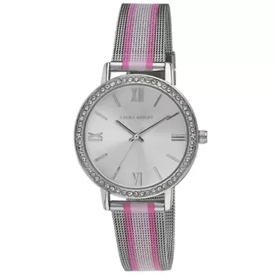 Bezel Pink Striped Rugby Mesh Strap Watch
