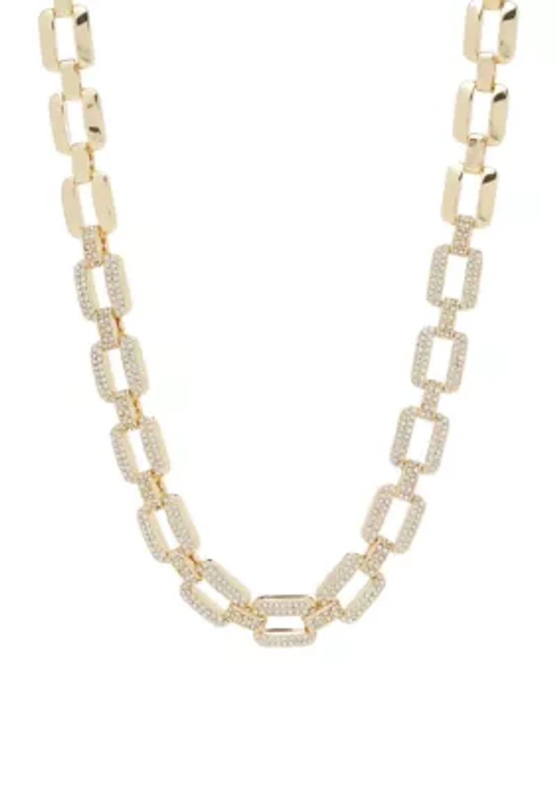 Gold Tone Oval Link with Crystal Station Necklace