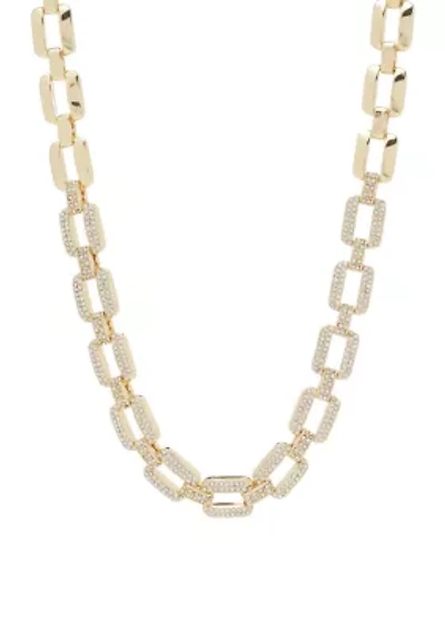 Gold Tone Oval Link with Crystal Station Necklace