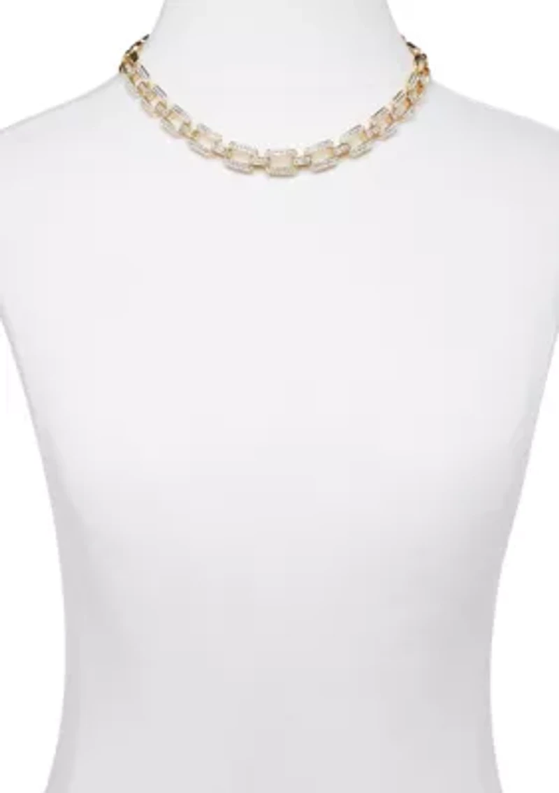 Gold Tone Oval Link with Crystal Station Necklace