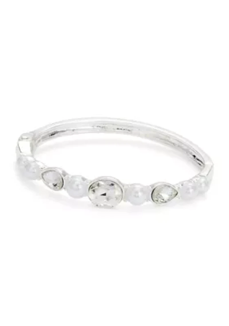 Silver Tone White Pearl Bangle Bracelet