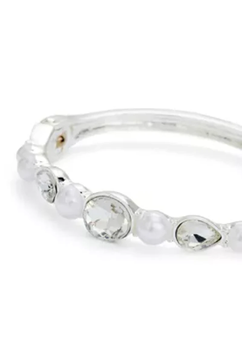 Silver Tone White Pearl Bangle Bracelet