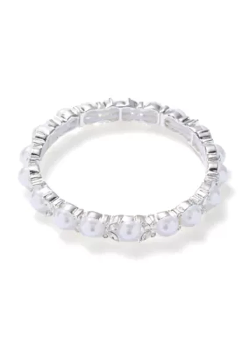 Silver Tone Marquise Stone Pearl Stretch Bracelet