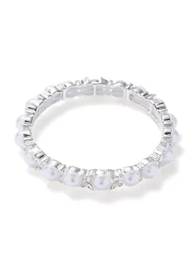 Silver Tone Marquise Stone Pearl Stretch Bracelet