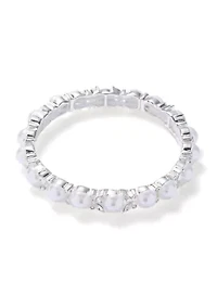 Silver Tone Marquise Stone Pearl Stretch Bracelet
