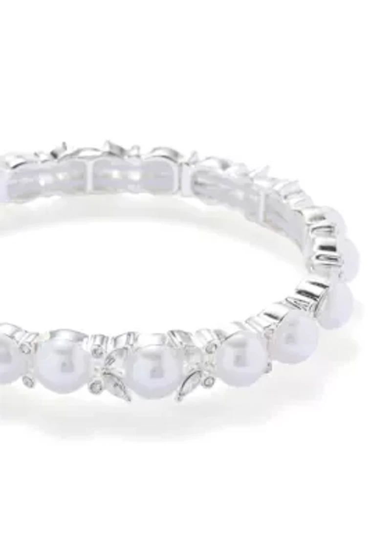 Silver Tone Marquise Stone Pearl Stretch Bracelet