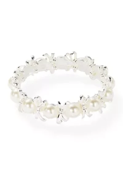 Bow and Pearl Silver Tone Stretch Bracelet