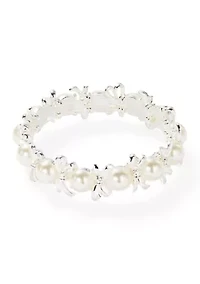 Bow and Pearl Silver Tone Stretch Bracelet