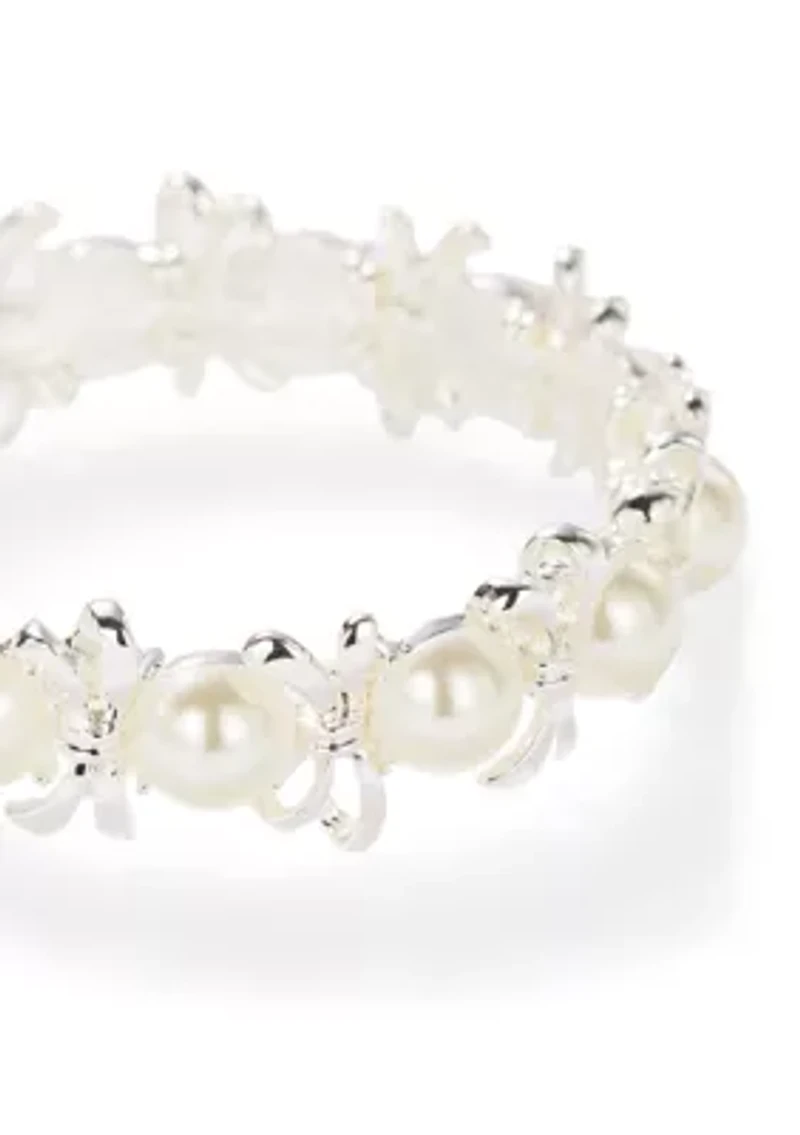 Bow and Pearl Silver Tone Stretch Bracelet