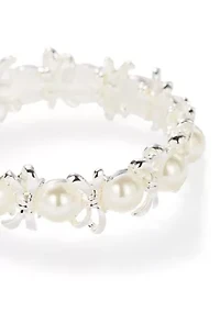 Bow and Pearl Silver Tone Stretch Bracelet