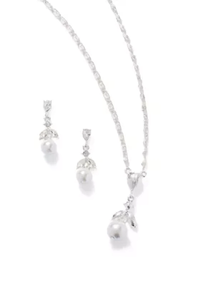  Crystal Pearl Pendant Necklace and Earring Set