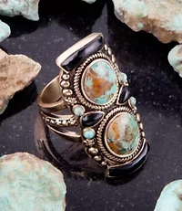 Double Up Blue Turquoise and Black Onyx Golden Ring