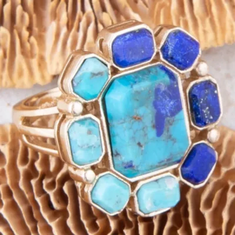 Duality Blue Lapis and Turquoise Golden Statement Ring