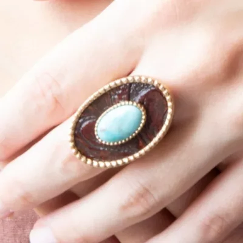 Blue Turquoise Rosette Leather Golden Ring