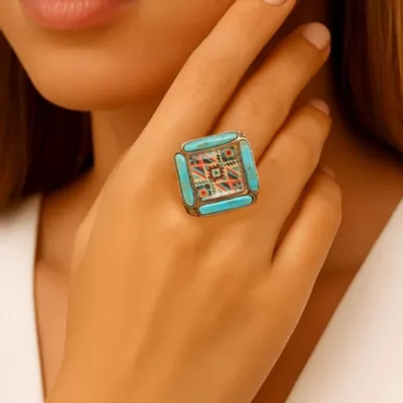 Scenic Native Weave Blue Turquoise Golden Statement Ring
