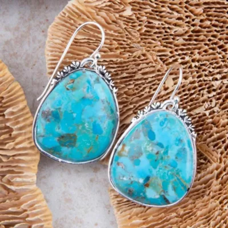 Agave Genuine Blue Turquoise and Silver Drop Earrings