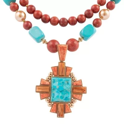 Santa Fe Blue Turquoise Golden Cross Pendant Necklace
