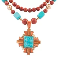 Santa Fe Blue Turquoise Golden Cross Pendant Necklace