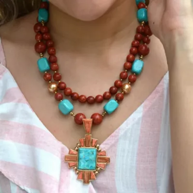 Santa Fe Blue Turquoise Golden Cross Pendant Necklace