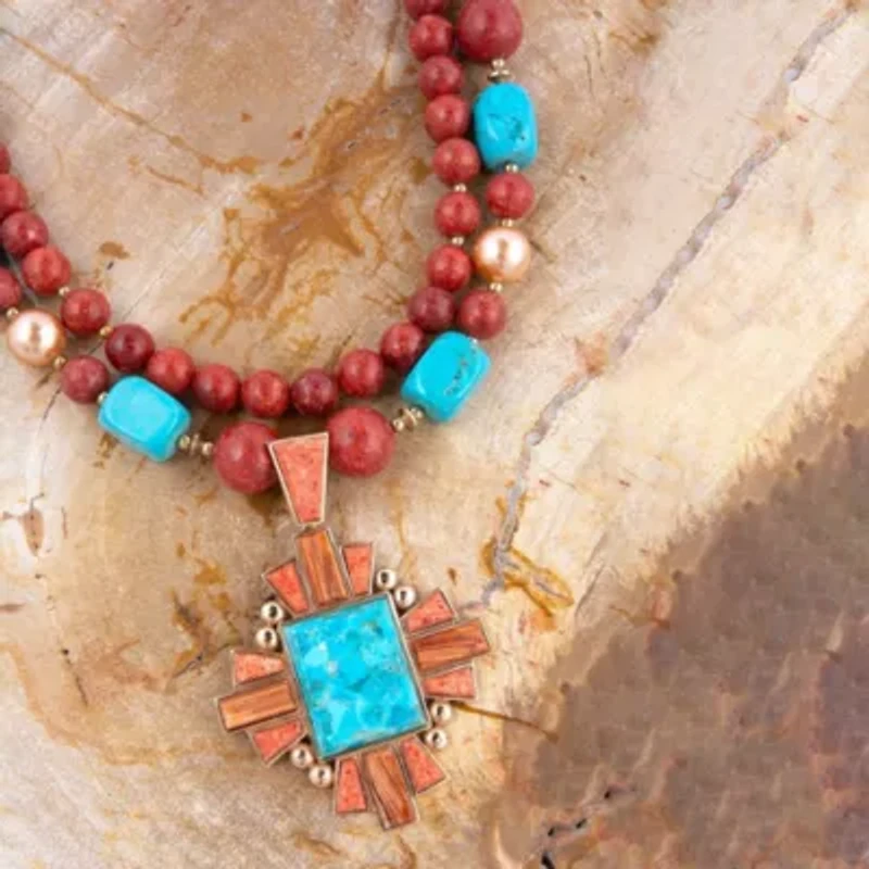 Santa Fe Blue Turquoise Golden Cross Pendant Necklace