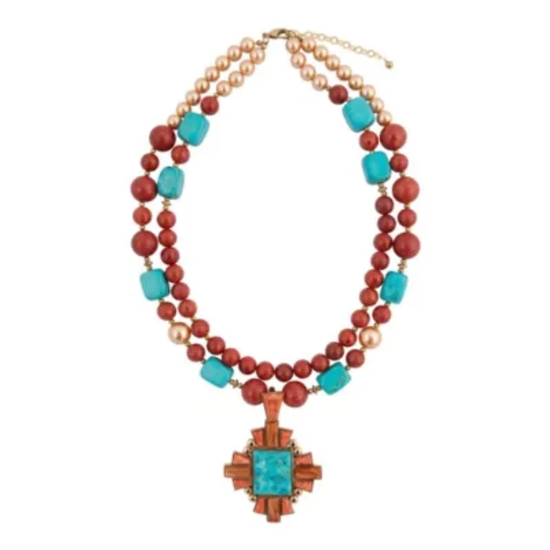 Santa Fe Blue Turquoise Golden Cross Pendant Necklace