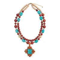 Santa Fe Blue Turquoise Golden Cross Pendant Necklace