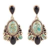 Barcelona Blue Turquoise and Black Onyx Post Drop Golden Earrings
