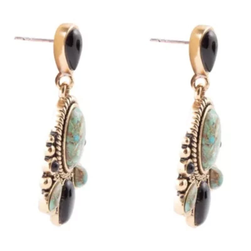 Barcelona Blue Turquoise and Black Onyx Post Drop Golden Earrings