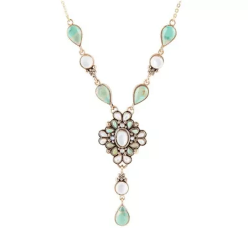 White Mother of Pearl and Blue Turquoise Golden Barcelona Y-Necklace