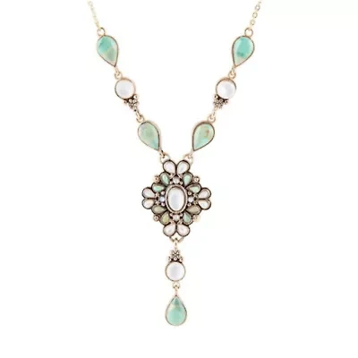 White Mother of Pearl and Blue Turquoise Golden Barcelona Y-Necklace