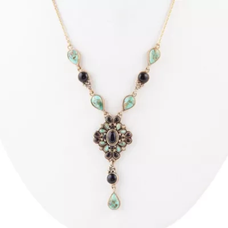 Barcelona Black Onyx and Blue Turquoise Golden Y-Necklace