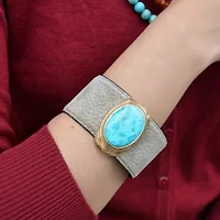 Blue Turquoise Velvet Cuff Golden Bracelet