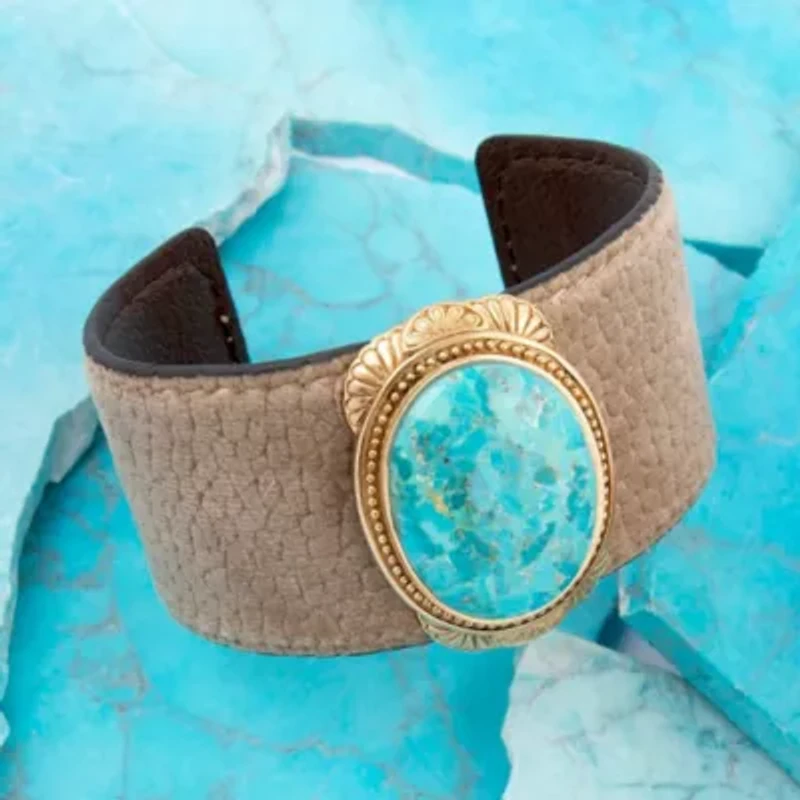 Blue Turquoise Velvet Cuff Golden Bracelet