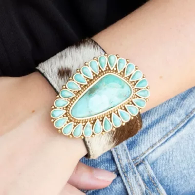 Cowgirl Up Turquoise and Cowhide Cuff Bracelet
