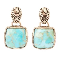 Barse Jewelry Carved Blue Turquoise Golden Drop Earrings