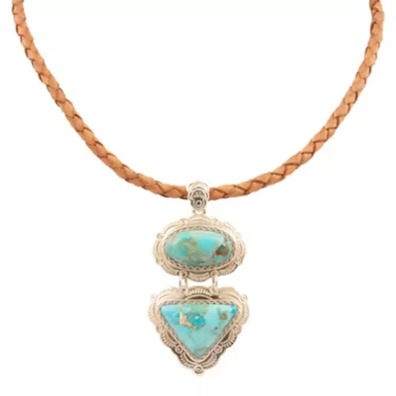 Bronco Blue Turquoise Silver Concho Pendant Leather Necklace