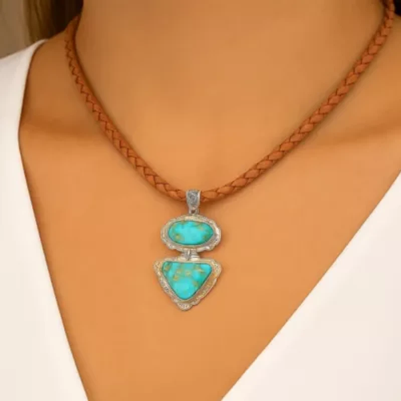 Bronco Blue Turquoise Silver Concho Pendant Leather Necklace