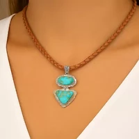 Bronco Blue Turquoise Silver Concho Pendant Leather Necklace