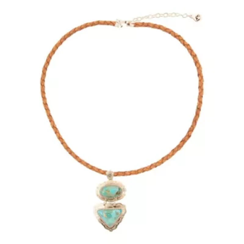 Bronco Blue Turquoise Silver Concho Pendant Leather Necklace