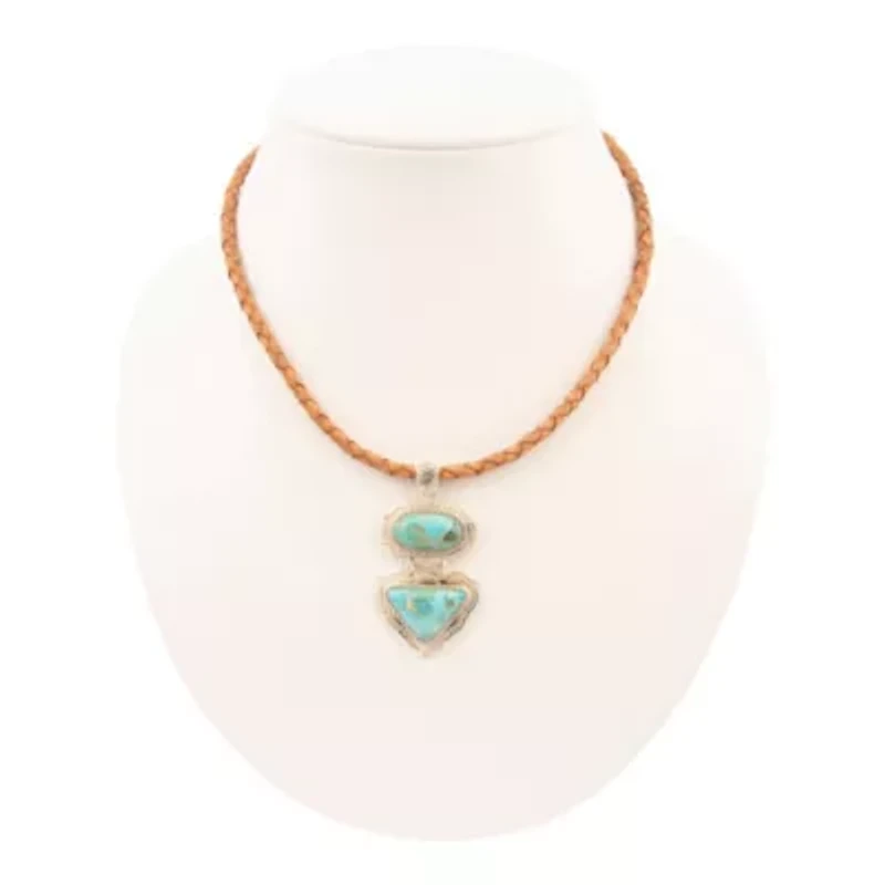 Bronco Blue Turquoise Silver Concho Pendant Leather Necklace