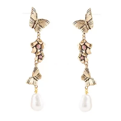 Rhodonite and White Pearl Golden Butterflies Post Drop Earrings