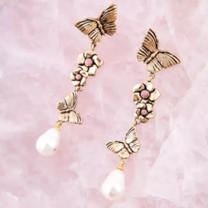 Rhodonite and White Pearl Golden Butterflies Post Drop Earrings