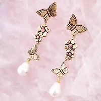 Rhodonite and White Pearl Golden Butterflies Post Drop Earrings