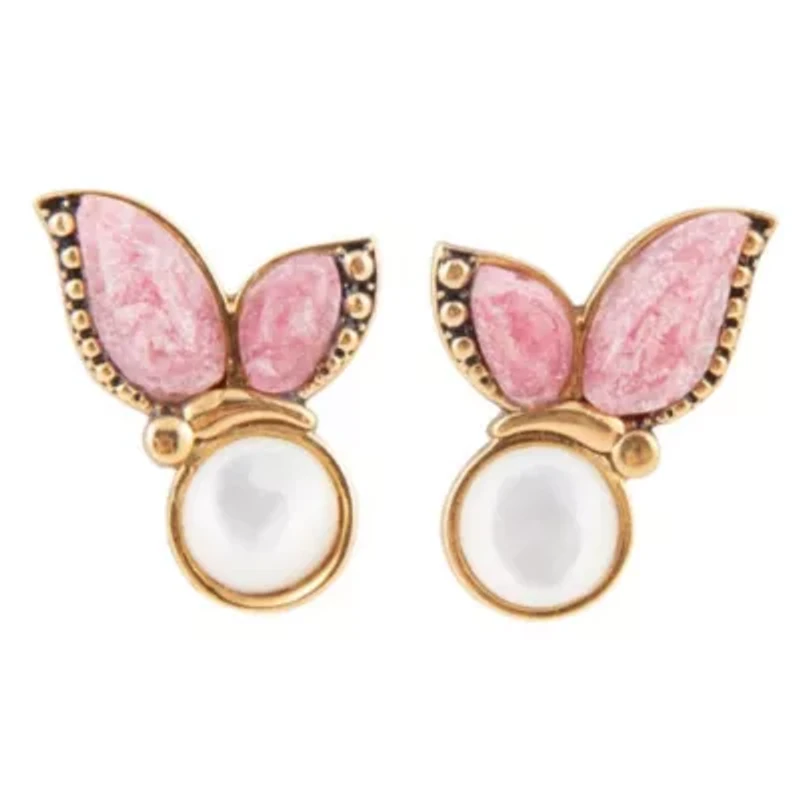 Pink Rhodonite and White Mother of Pearl Golden Butterflies Post Earrings