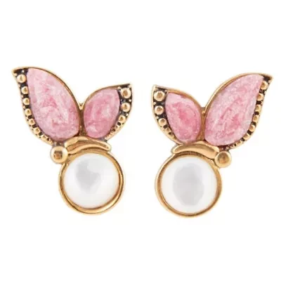 Pink Rhodonite and White Mother of Pearl Golden Butterflies Post Earrings
