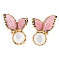 Pink Rhodonite and White Mother of Pearl Golden Butterflies Post Earrings