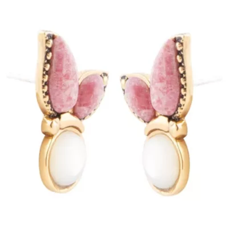 Pink Rhodonite and White Mother of Pearl Golden Butterflies Post Earrings