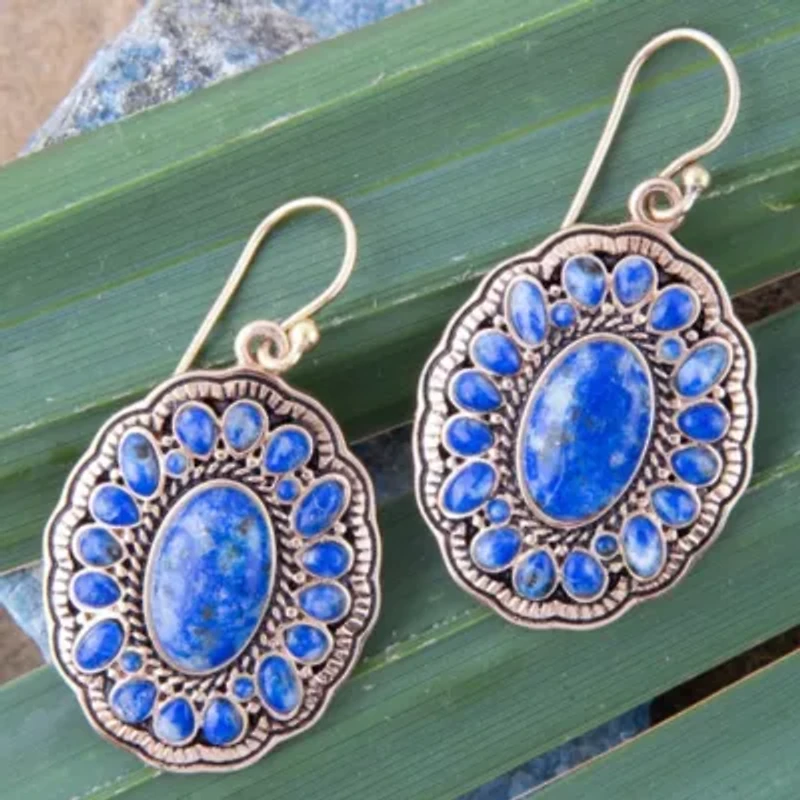 Concho Denim Blue Lapis Golden Drop Earrings