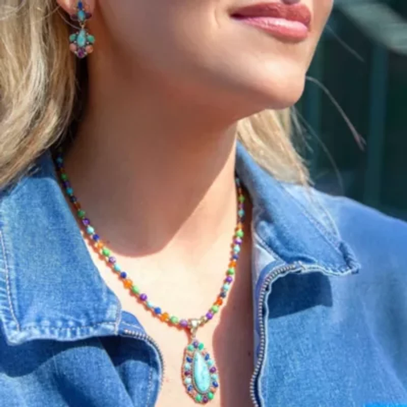 Concho Colorful Blue Turquoise Golden Pendant Necklace